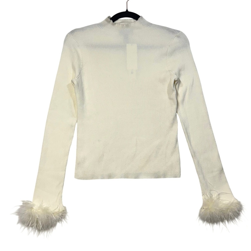 Aqua L Organic Cream Ribbed Mock Neck Feather Cuff Sweater Glam Statement NWT - Picture 2 of 9